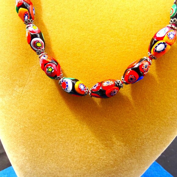 Vintage Venetian Glass Murano Colorful Millefiori Bead Hand Knotted Necklace - Picture 5 of 9